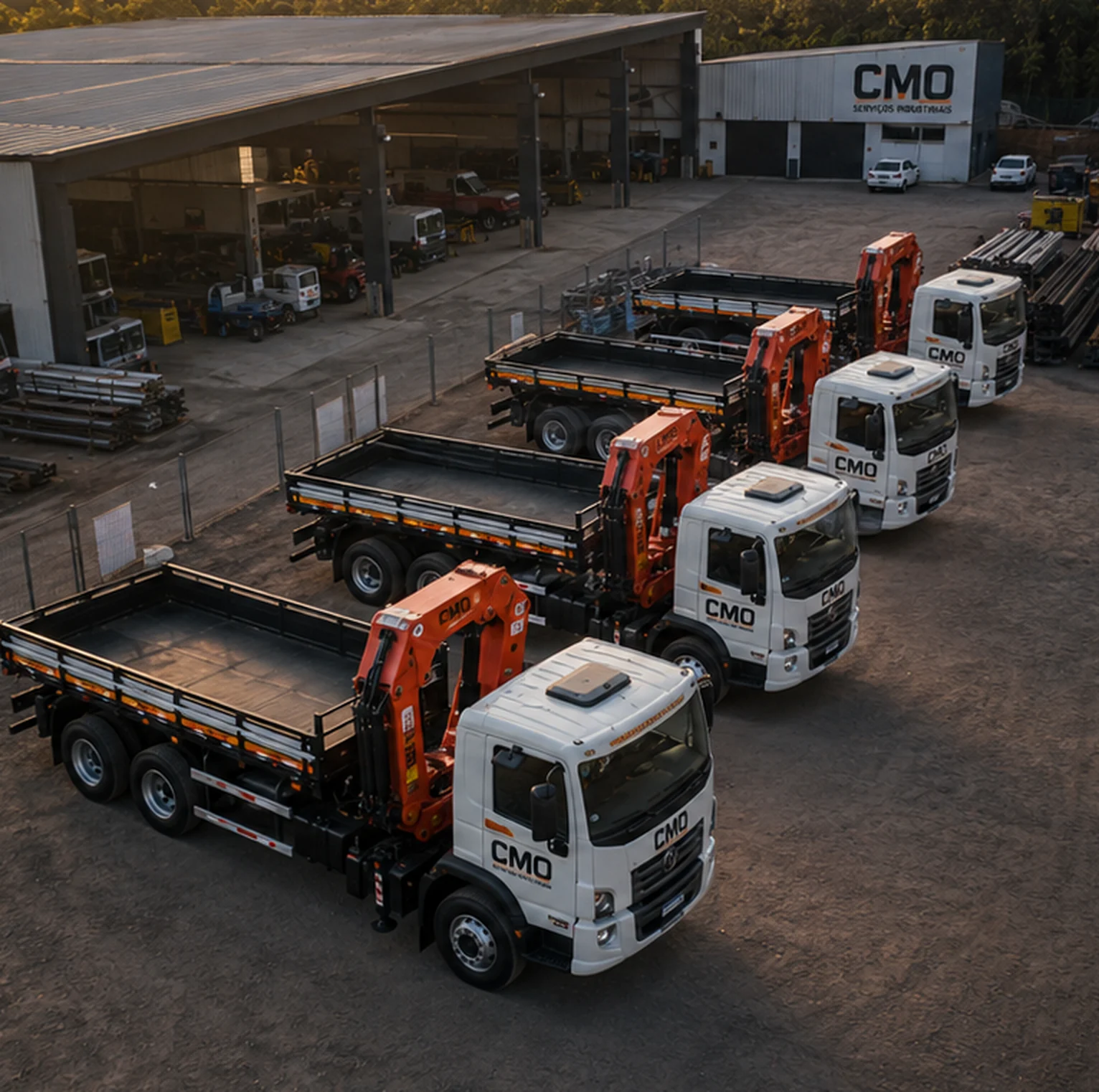 Frota de caminhões munck da CMO Serviço Industrial no pátio